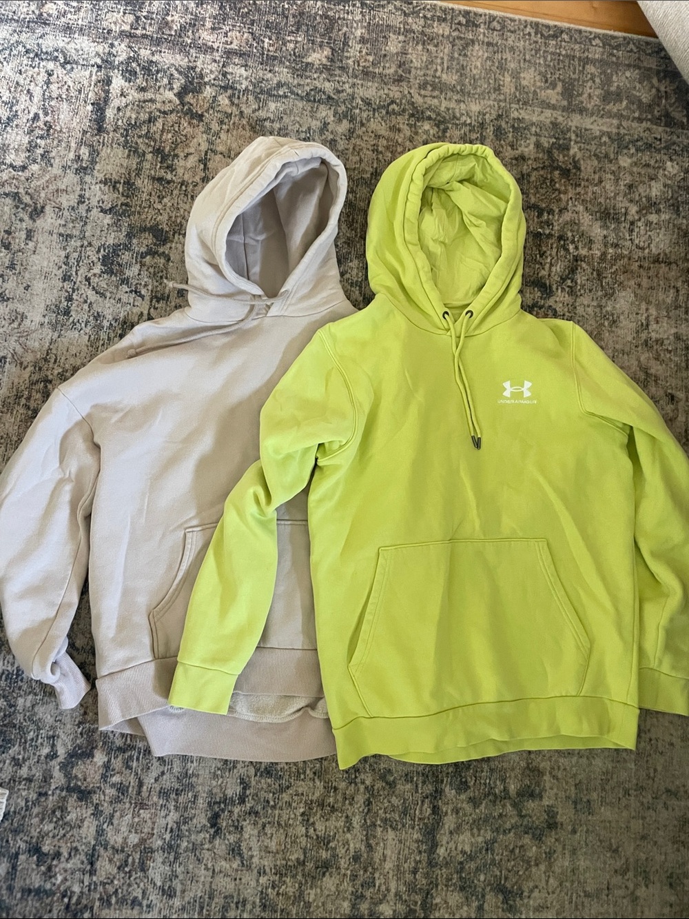 Under Armour and Divided Women's Neon Yellow-Green Logo Hoodie and tan hoodie